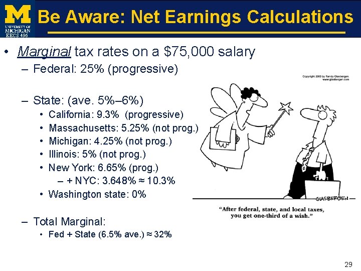 Be Aware: Net Earnings Calculations EECS 496 • Marginal tax rates on a $75,