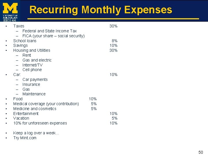 Recurring Monthly Expenses EECS 496 • • Taxes – Federal and State Income Tax