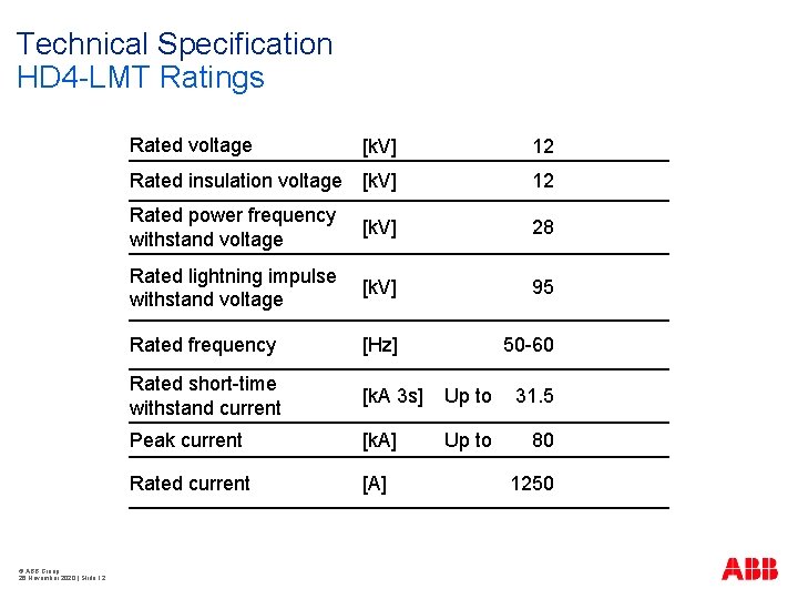 Technical Specification HD 4 -LMT Ratings © ABB Group 26 November 2020 | Slide