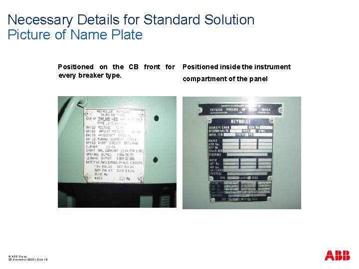 Necessary Details for Standard Solution Picture of Name Plate Positioned on the CB front