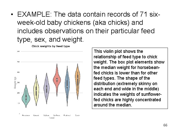  • EXAMPLE: The data contain records of 71 six week-old baby chickens (aka