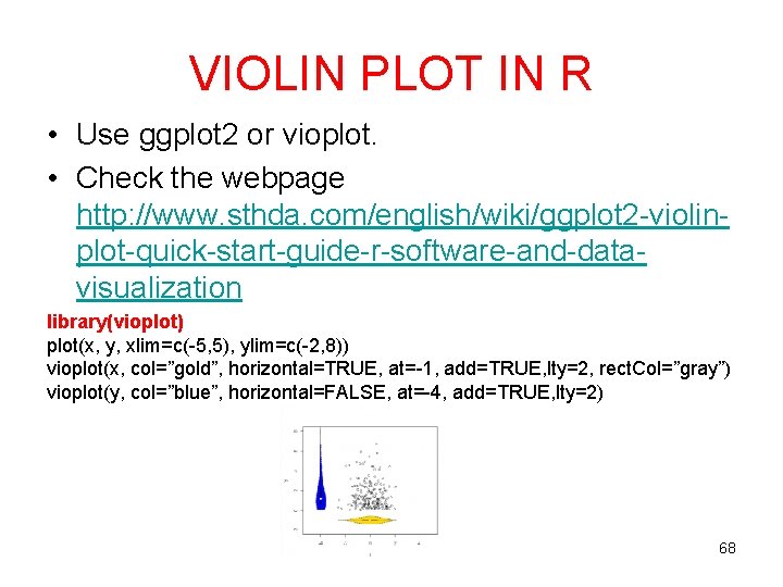 VIOLIN PLOT IN R • Use ggplot 2 or vioplot. • Check the webpage