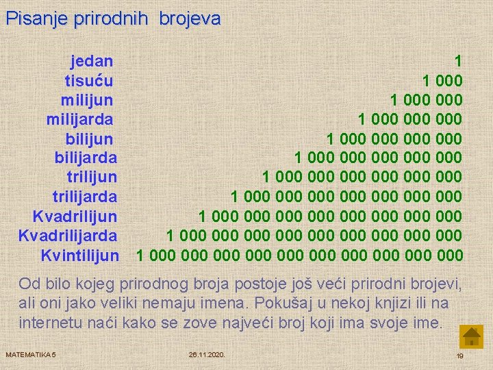 Pisanje prirodnih brojeva jedan 1 tisuću 1 000 milijun 1 000 milijarda 1 000