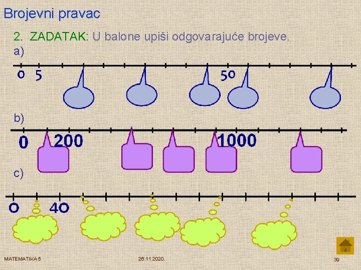 Brojevni pravac 2. ZADATAK: U balone upiši odgovarajuće brojeve. a) b) c) MATEMATIKA 5