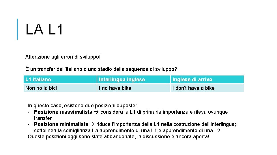 LA L 1 Attenzione agli errori di sviluppo! È un transfer dall’italiano o uno