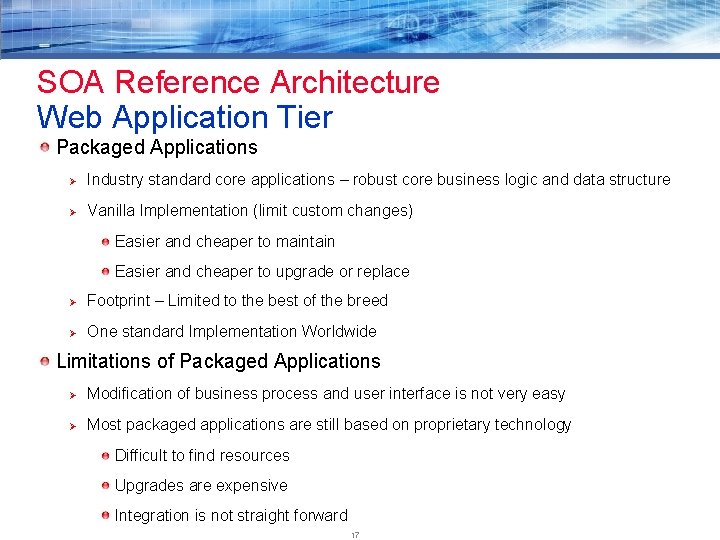 SOA Reference Architecture Web Application Tier Packaged Applications Ø Industry standard core applications –