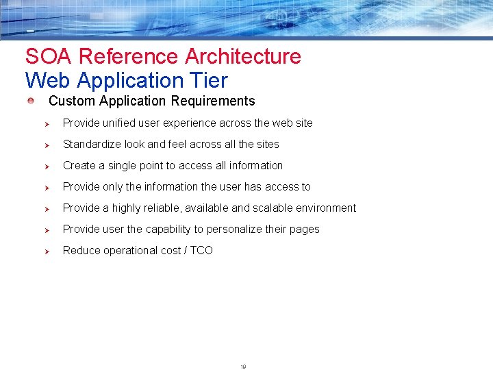 SOA Reference Architecture Web Application Tier Custom Application Requirements Ø Provide unified user experience