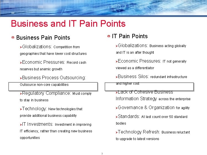 Business and IT Pain Points Business Pain Points ØGlobalizations: Competition from ØGlobalizations: Business acting