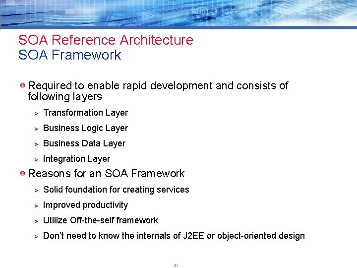 SOA Reference Architecture SOA Framework Required to enable rapid development and consists of following