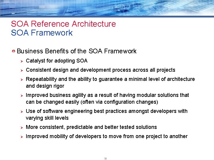 SOA Reference Architecture SOA Framework Business Benefits of the SOA Framework Ø Catalyst for