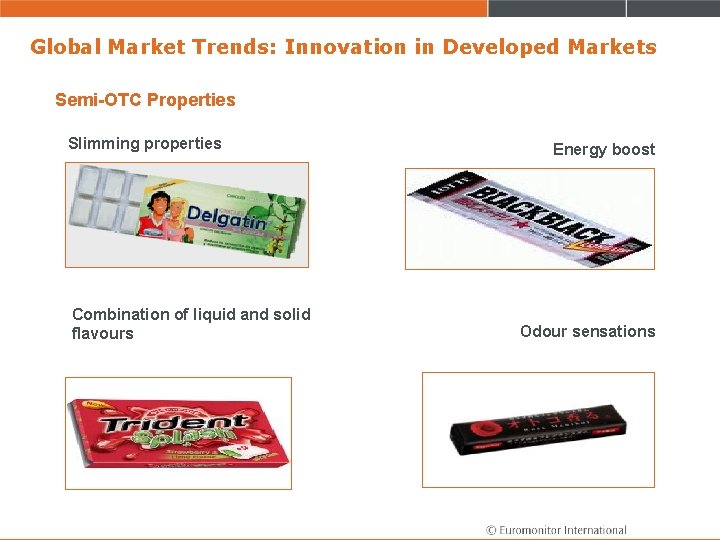 Global Market Trends: Innovation in Developed Markets Semi-OTC Properties Slimming properties Combination of liquid