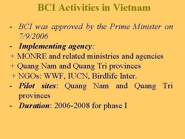 BCI Activities in Vietnam - BCI was approved by the Prime Minister on 7/9/2006
