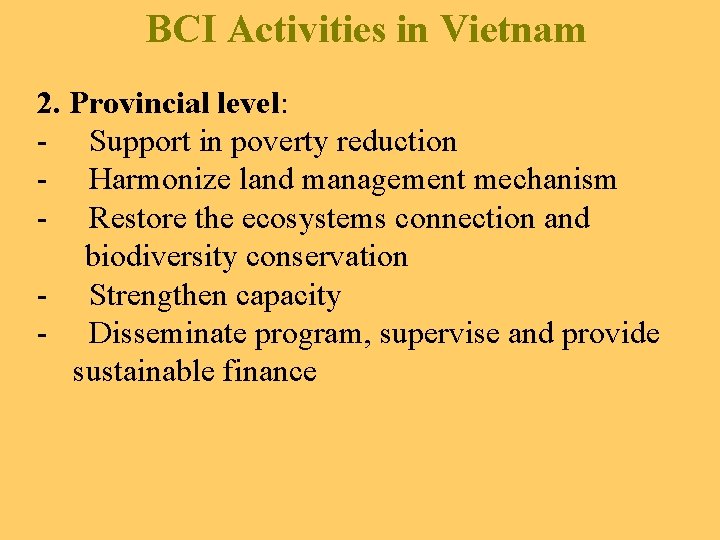 BCI Activities in Vietnam 2. Provincial level: - Support in poverty reduction - Harmonize