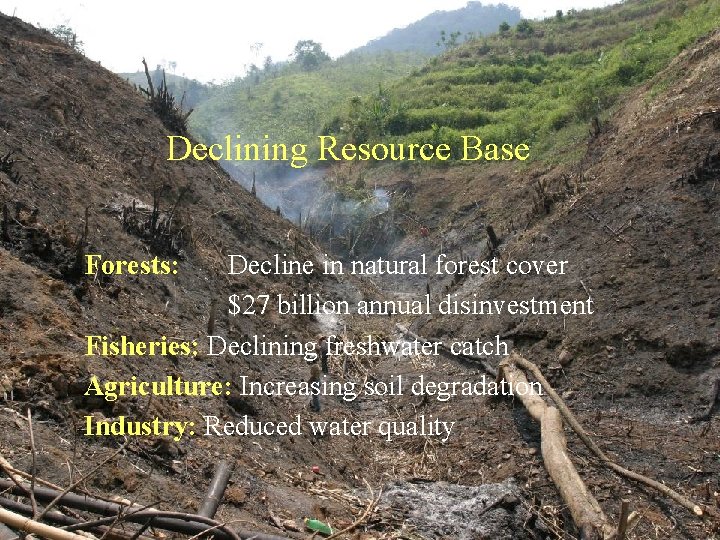 Declining Resource Base Forests: Decline in natural forest cover $27 billion annual disinvestment Fisheries: