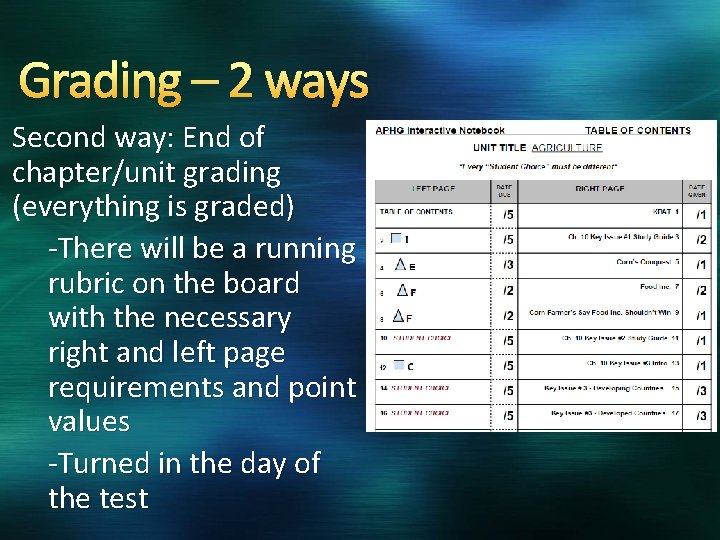 Grading – 2 ways Second way: End of chapter/unit grading (everything is graded) -There