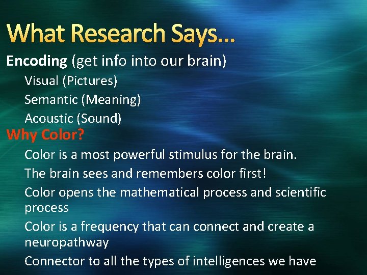 What Research Says… Encoding (get info into our brain) Visual (Pictures) Semantic (Meaning) Acoustic