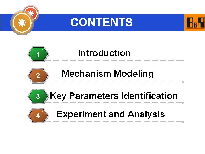 CONTENTS 1 2 3 4 Introduction Mechanism Modeling Key Parameters Identification Experiment and Analysis