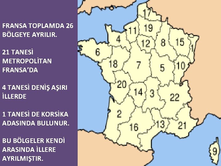 FRANSA TOPLAMDA 26 BÖLGEYE AYRILIR. 21 TANESİ METROPOLİTAN FRANSA’DA 4 TANESİ DENİŞ AŞIRI İLLERDE