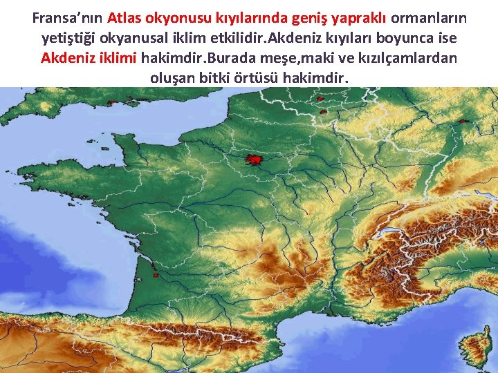 Fransa’nın Atlas okyonusu kıyılarında geniş yapraklı ormanların yetiştiği okyanusal iklim etkilidir. Akdeniz kıyıları boyunca