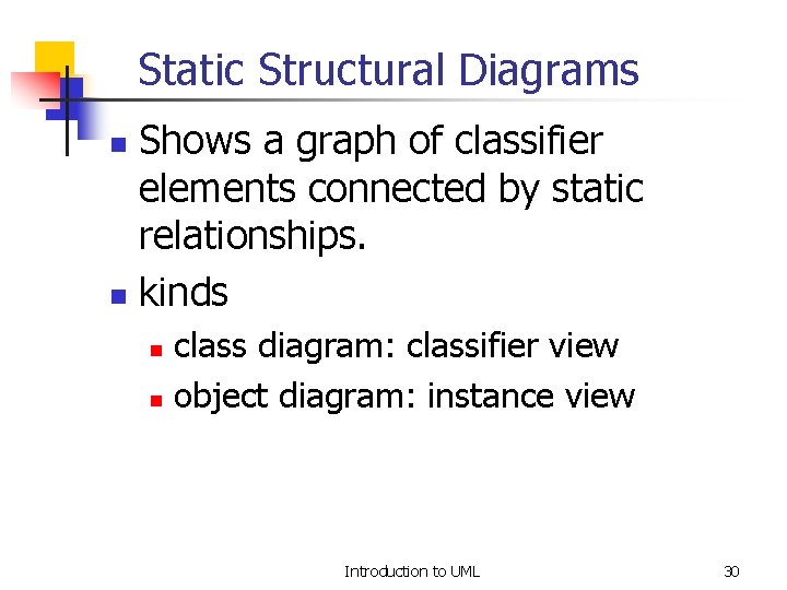 Static Structural Diagrams Shows a graph of classifier elements connected by static relationships. n