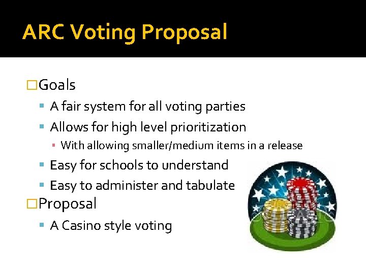ARC Voting Proposal �Goals A fair system for all voting parties Allows for high