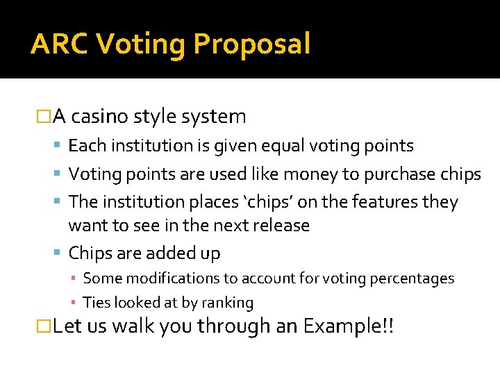 ARC Voting Proposal �A casino style system Each institution is given equal voting points