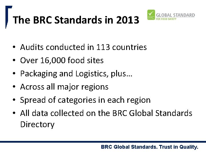 The BRC Standards in 2013 • • • Audits conducted in 113 countries Over