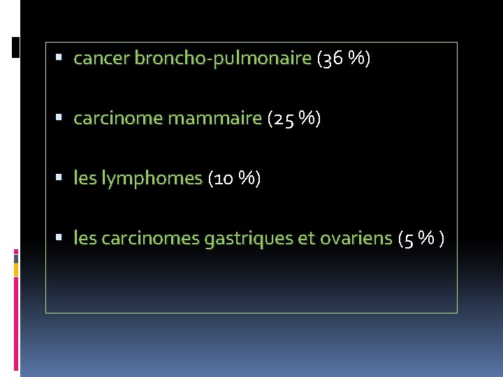  cancer broncho-pulmonaire (36 %) cancer broncho-pulmonaire carcinome mammaire (25 %) carcinome mammaire les