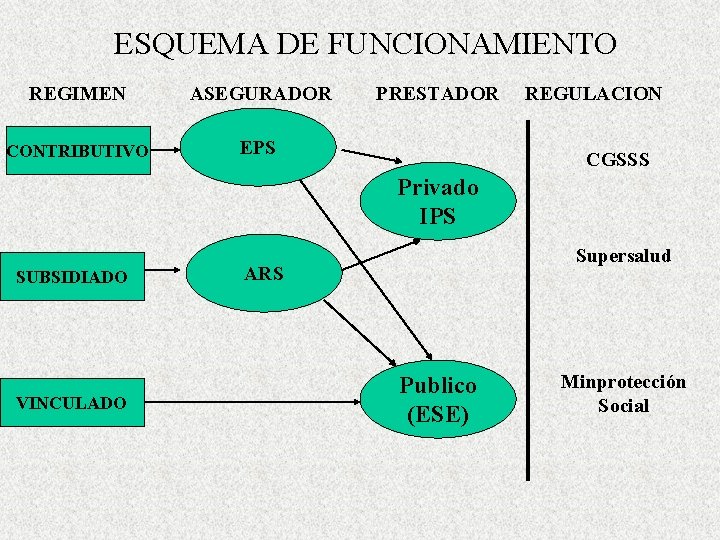 ESQUEMA DE FUNCIONAMIENTO REGIMEN ASEGURADOR CONTRIBUTIVO EPS PRESTADOR REGULACION CGSSS Privado IPS SUBSIDIADO VINCULADO