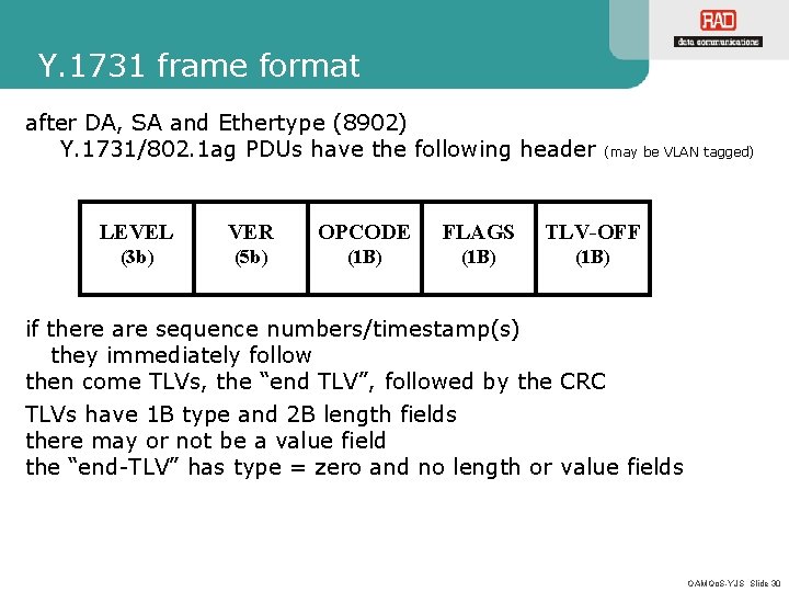 Y. 1731 frame format after DA, SA and Ethertype (8902) Y. 1731/802. 1 ag