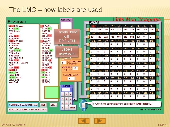 The LMC – how labels are used Labels used with BRANCH instructions Labels used