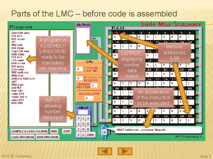 Parts of the LMC – before code is assembled A program in ASSEMBLY LANGUAGE