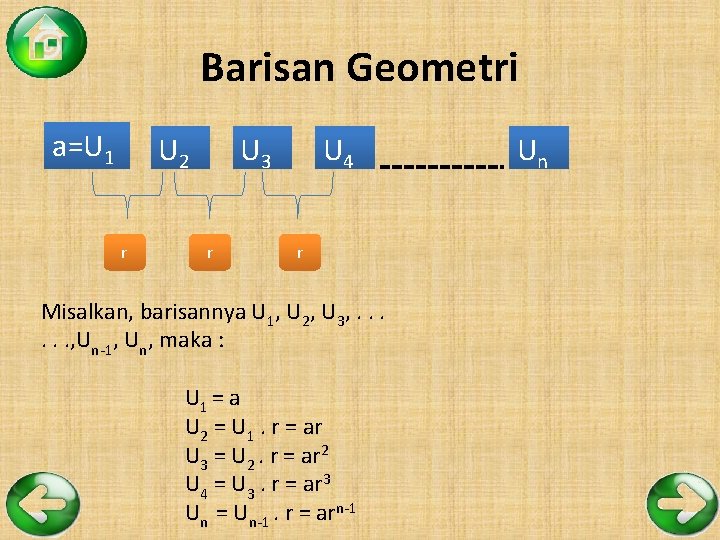 Barisan Geometri a=U 1 U 2 r U 3 r U 4 r Misalkan,