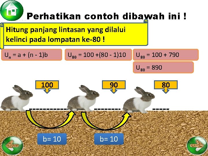 Perhatikan contoh dibawah ini ! Hitung panjang lintasan yang dilalui kelinci pada lompatan ke-80