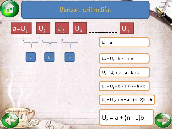 Barisan aritmatika U 2 a=U 1 U 3 U 4 Un U 1 =