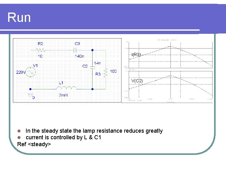Run i(R 3) V(C 2) In the steady state the lamp resistance reduces greatly