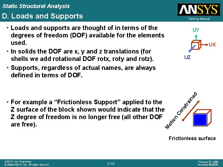 Static Structural Analysis D. Loads and Supports Training Manual • Loads and supports are