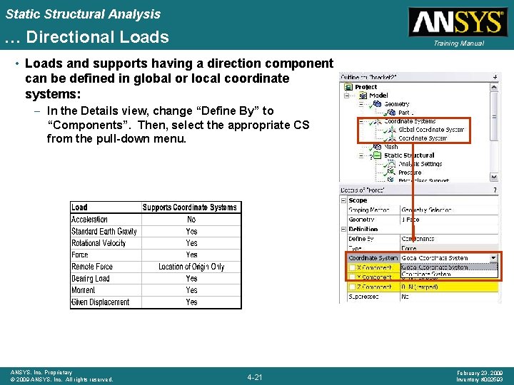 Static Structural Analysis … Directional Loads Training Manual • Loads and supports having a