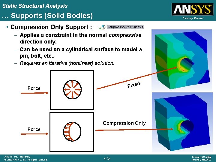Static Structural Analysis … Supports (Solid Bodies) Training Manual • Compression Only Support :