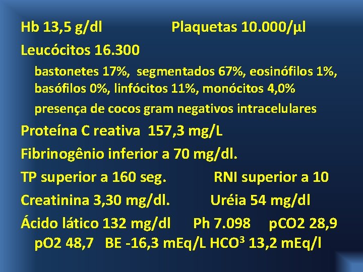 Hb 13, 5 g/dl Leucócitos 16. 300 Plaquetas 10. 000/μl bastonetes 17%, segmentados 67%,