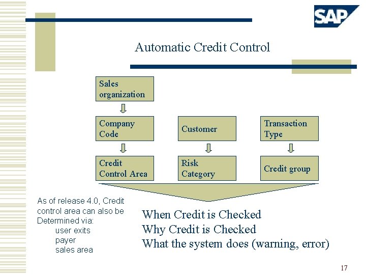 Automatic Credit Control Sales organization Company Code Customer Transaction Type Credit Control Area Risk