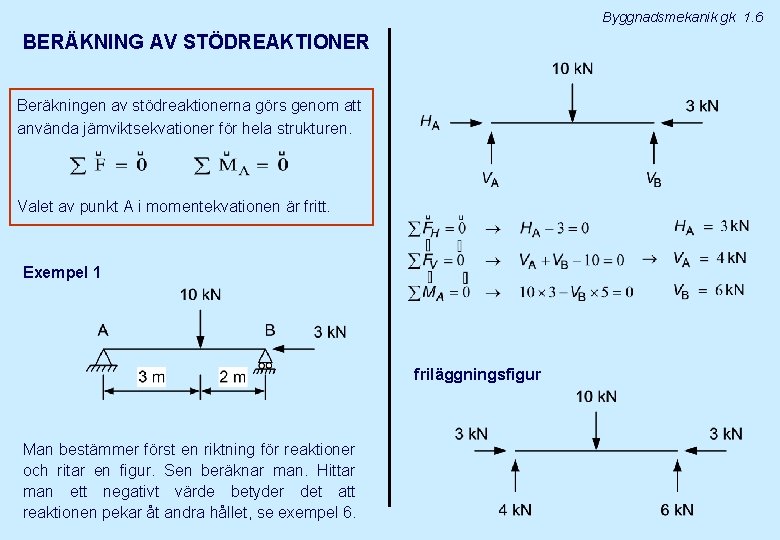 Byggnadsmekanik gk 1. 6 BERÄKNING AV STÖDREAKTIONER Beräkningen av stödreaktionerna görs genom att använda