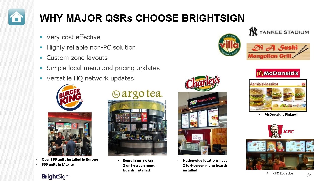 WHY MAJOR QSRs CHOOSE BRIGHTSIGN § Very cost effective § Highly reliable non-PC solution