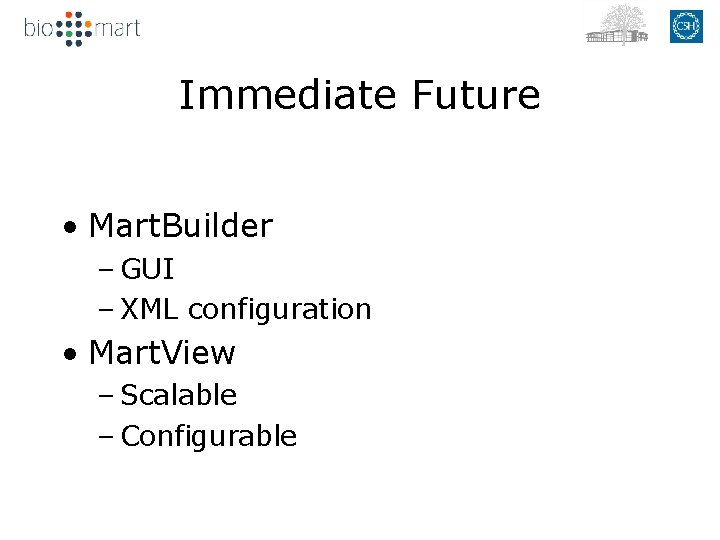 Immediate Future • Mart. Builder – GUI – XML configuration • Mart. View –