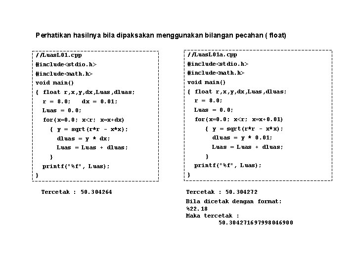 Perhatikan hasilnya bila dipaksakan menggunakan bilangan pecahan ( float) //Luas. L 01. cpp //Luas.