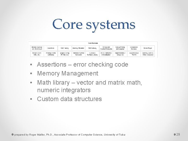 Core systems • Assertions – error checking code • Memory Management • Math library