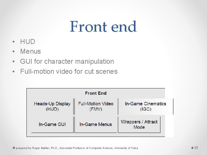 Front end • • HUD Menus GUI for character manipulation Full-motion video for cut