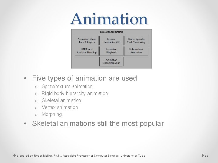 Animation • Five types of animation are used o o o Sprite/texture animation Rigid