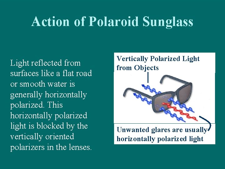 Action of Polaroid Sunglass Light reflected from surfaces like a flat road or smooth Action of Polaroid Sunglass Light reflected from surfaces like a flat road or smooth