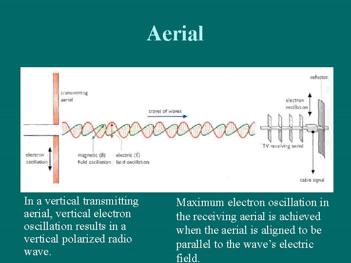 Aerial In a vertical transmitting aerial, vertical electron oscillation results in a vertical polarized Aerial In a vertical transmitting aerial, vertical electron oscillation results in a vertical polarized